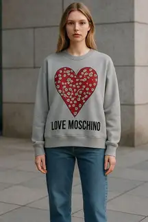 LOVE MOSCHINO Mélange French Cotton Terry Sweatshirt Heart Logo 6 Light Gray