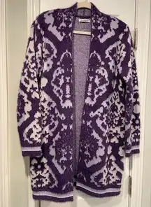 NWOT Serengeti Size L Purple White Fuzzy Oversized Open Front Knit Long Cardigan