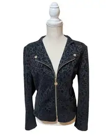 Black Velvet Leopard Print Zip Up Gold Hardware Jacket Blazer Size M