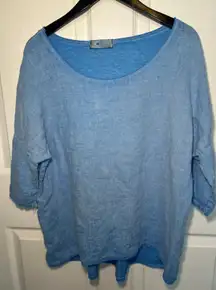 Tina Stephens Blue Linen Cotton Top Made in Italy Oversized 3/4 Sleeve One Size