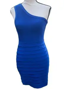 Wow-Couture Blue Body-Con Mini-Dress One-Armed Stretchy Bandage Horizontal Ribbi