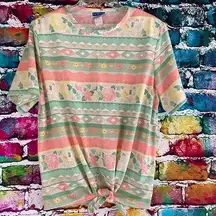 Vintage Cape Cod Sportswear Floral Southwestern Print Short Sleeve Tie Front Tee