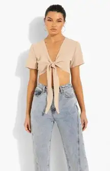 Boohoo  | Tan Linen Tie Bust‎ Plunge Crop Top