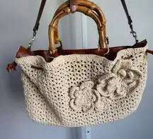 Patricia‎ Nash Crochet Floral Applique Bamboo Handle Leather Trim Tote Bag