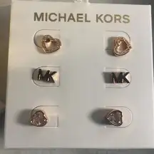 Michael Kors  Rose Gold Tone MK Logo Open Heart Pave Crystal Stud Earrings Set