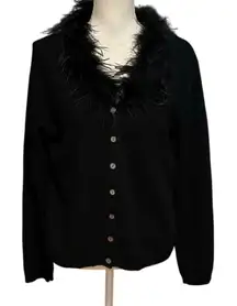 Mendocino Size L Cardigan Sweater Lambswool Angora Rabbit Feather Boa Neck Black