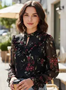 Arizona Jean Co Black Floral Ruffle Mock Neck Long Sleeve Sheer Blouse XL Boho