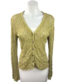 J.jill Gold Open Knit Crochet V-Neck Button Up Long Sleeve Cardigan Sweater Sz M