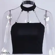 Women Metal Chain Black Tank Top