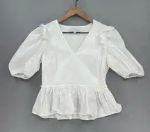 English Factory  Top Womens Small White Peplum Ruffle Puff Short Sleeve V Neck