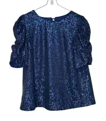 Anthropologie Women's Top Semi-Sheer Lined‎ Sequin Ruched Puff Sleeve Blue Sz.2
