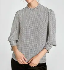 Zara black and white gingham high neck ruffled sleeve blouse m