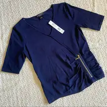 August silk navy blue top petite