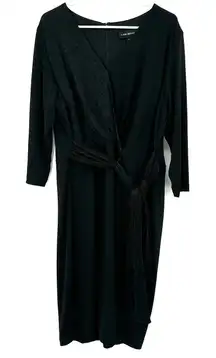 Lane Bryant Size 18 Long Sleeve Dress Black Tie Waist Mixed Media Sparkle Simple
