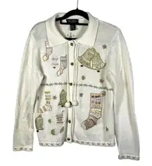 All Points Christmas Cardigan Bells Stockings Knit Cream Women’s Size Medium‎