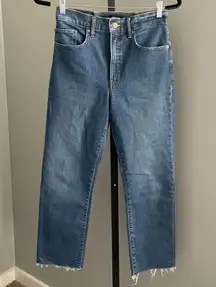 Express High Waisted Medium Wash Raw Hem Cropped Flare Jeans Size 4