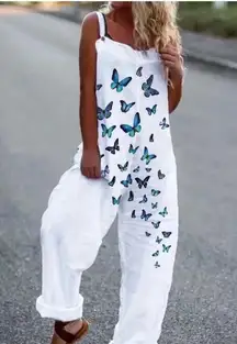 White Jumpsuit with Blue Butterfly Design