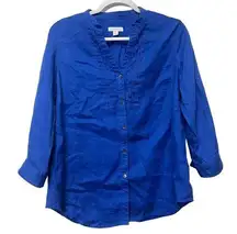 Charter Club  Women's Medium Blue Button Down Blouse ¾ Sleeve V-Neck 100% Linen