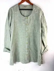 Flax L Linen Button Front Tunic Top Blouse in Sage