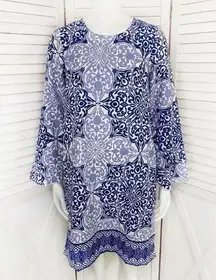 Buckhead Bettie’s Savannah Scroll Print Tunic Dress Blue Small Long Sleeve