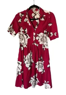Anthro Maeve A-line Dress Magenta Floral Shirt Dress Ribbed Texture Tropical