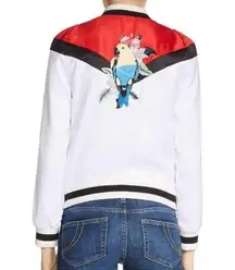 Maje Betty Satin Embroidered Parrot Floral Red/White Satin Bomber Jacket