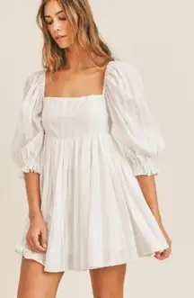 Pink Lily White Cotton Babydoll Dress Puff Sleeves Square Neck Flowy Sz Large