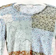 Altar'd State  Patchwork Floral Long Sleeve Sheer Mesh Baby Tee Top Blue Green XS