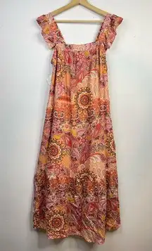 Flowy Paisley Boho Summer Long Midi Flutter Sleeve Dress womens M new