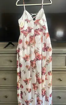 NWT Ambiance White/Red Floral Print Romper with Maxi Skirt. Size Large