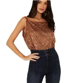 Free People NWOTS Shimmer & Shine Brown Sequin Bodysuit Top size large