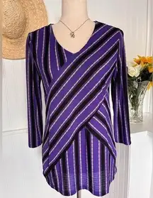 Dana Buchman Purple, B:acl & Cream Striped 3/4 Sleeve Top