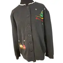 Y2K Christmas Owl Button Up Gray Cardigan White Collar Petite Medium Holiday