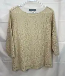 Jessica Holbrook women's tan lined lace crewcut stretch floral neutral blouse M