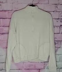AERIE WAFFLE KNIT QUARTER ZIP POCKET SWEATSHIRT CREAM LOUNGE COZY SMALL