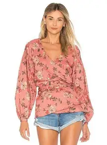 Lovers and Friends Barnes Pink Amber Floral Print Long Sleeve Wrap Blouse Size S