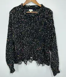 POL‎ Women's Size Large Sweater Black Chenille Loose Knit Speckle Frayed Boho