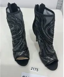 Womans Aldo Black Satin Mesh Sequin Rhinestones Peep Toe Stiletto Boots 8.5