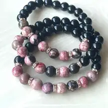 Rose coral jasper rhodonite obsidian ONE stretch bracket NEW handmade rhinestone