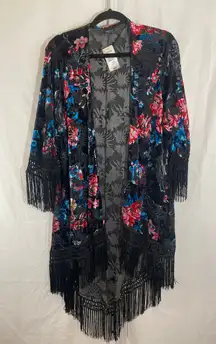 NWT Torrid Fringe Velvet Boho Kimono - Women Size 1 (1X) - Black