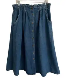 Vintage Denim Maxi Button Up Full Skirt With Pockets Women’s L Modest 90s Retro
