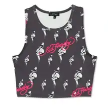 NWT  Black Skull + Dagger Print Sleeveless Sport Crop Tank Sz M