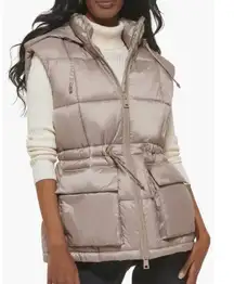 Levi's  Taupe Grey Tan Shiny Cinch Waist Hooded Puffer Women's Vest Size Medium