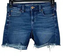 American Eagle SZ 4 MIDI The Dream Jean Shorts Frayed Stretch 
Mid-Rise Whisker