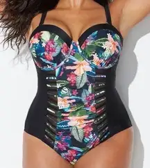 Swimsuits For All Floral Yin Cut Out Black One Piece Swimsuit size 18