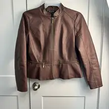 Baccini Brown Faux Leather Cardigan-style Jacket - gold zips -  Size Large