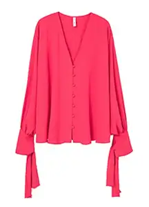 Mango Red Button-Front Blouse with Tie Cuffs | Size 6 | Romantic Feminine