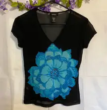 Blue sequined SUCCULENT LOTUS black sheer Fitted V-Neck T-Shirt
