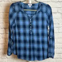 Rebecca Malone Women's S Plaid Long Sleeve Henley Top Cotton Blend Casual Retro