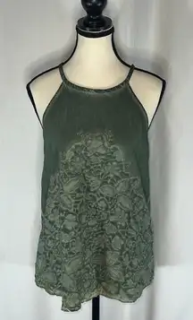 Blue Rain - Teal Green Floral Tank Blouse Size Small Embroidered
